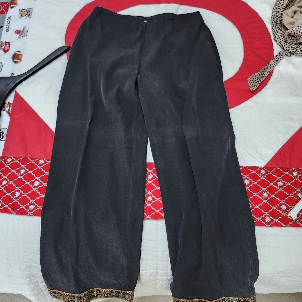 Womens Black Pants with Embroidered Hem